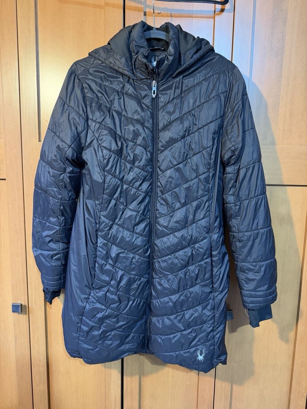 Spyder Puffer Jacket Womens Large Black Hooded Parka Water Resistant Warm Long